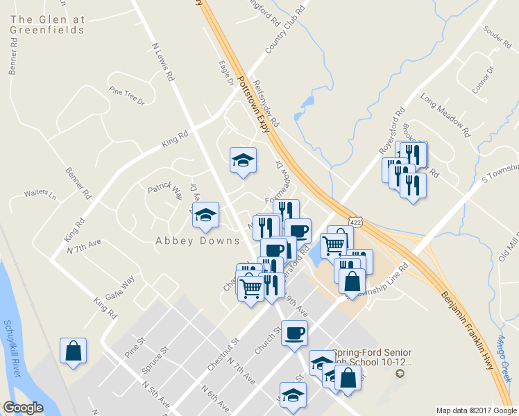 map of restaurants, bars, coffee shops, grocery stores, and more near 203 Foxmeadow Drive in Royersford