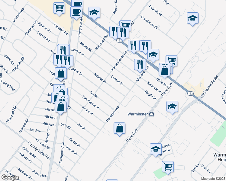 map of restaurants, bars, coffee shops, grocery stores, and more near 345 Juniper Street in Warminster