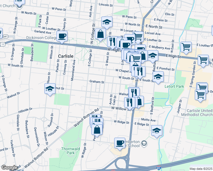 map of restaurants, bars, coffee shops, grocery stores, and more near 278 South West Street in Carlisle