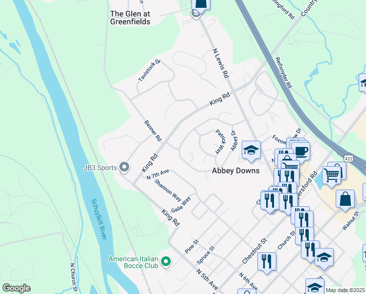 map of restaurants, bars, coffee shops, grocery stores, and more near 153 Abbey Drive in Royersford
