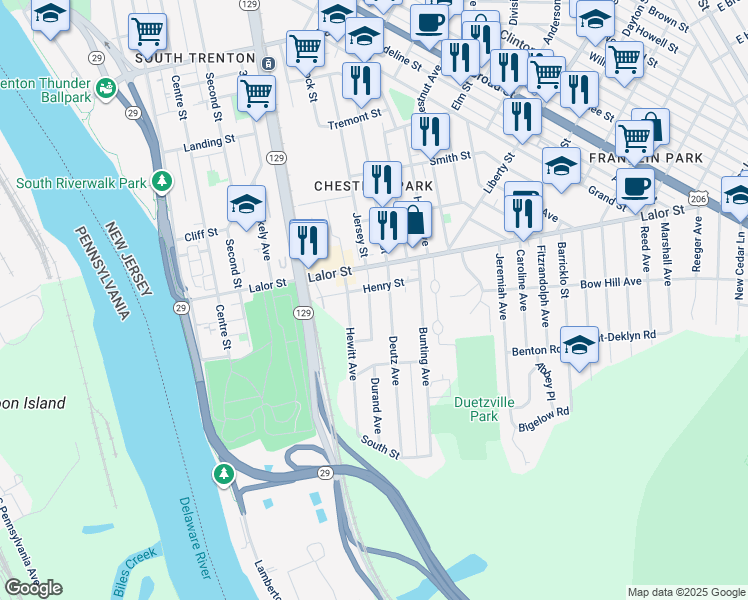 map of restaurants, bars, coffee shops, grocery stores, and more near 116 Durand Avenue in Trenton