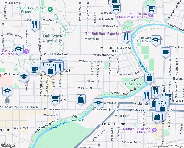 map of restaurants, bars, coffee shops, grocery stores, and more near North Light Street in Muncie