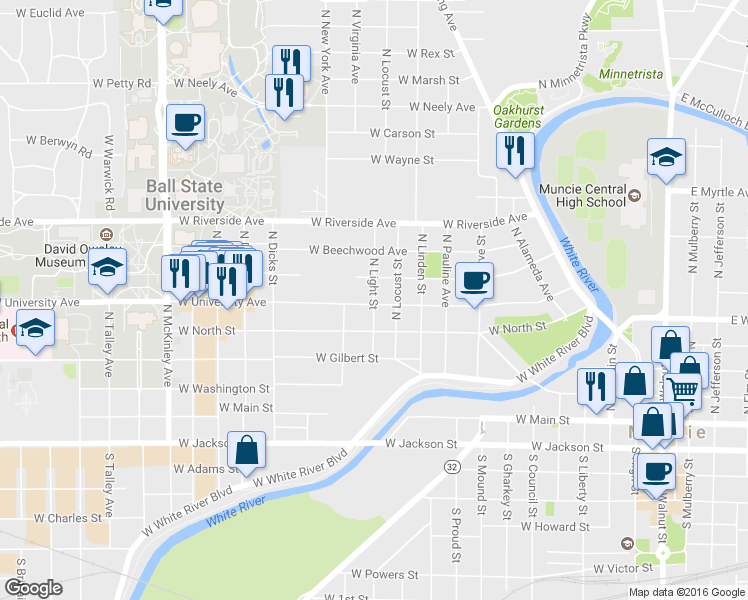 map of restaurants, bars, coffee shops, grocery stores, and more near North Light Street in Muncie