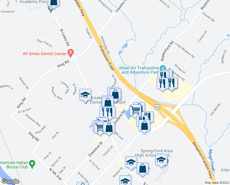 map of restaurants, bars, coffee shops, grocery stores, and more near 413 Foxcroft Circle in Royersford