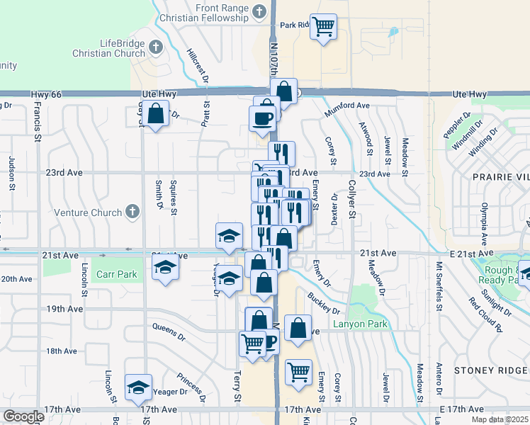 map of restaurants, bars, coffee shops, grocery stores, and more near 2255 Main Street in Longmont