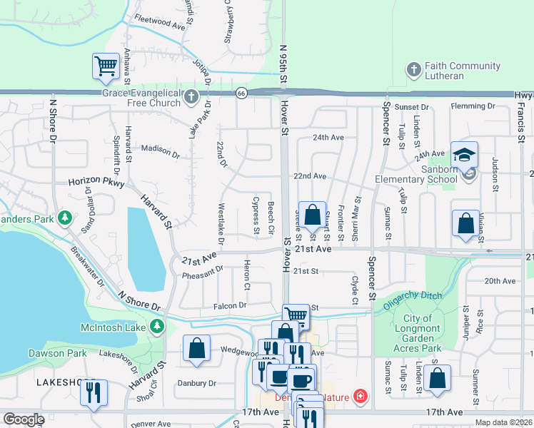 map of restaurants, bars, coffee shops, grocery stores, and more near 2658 Beech Circle in Longmont