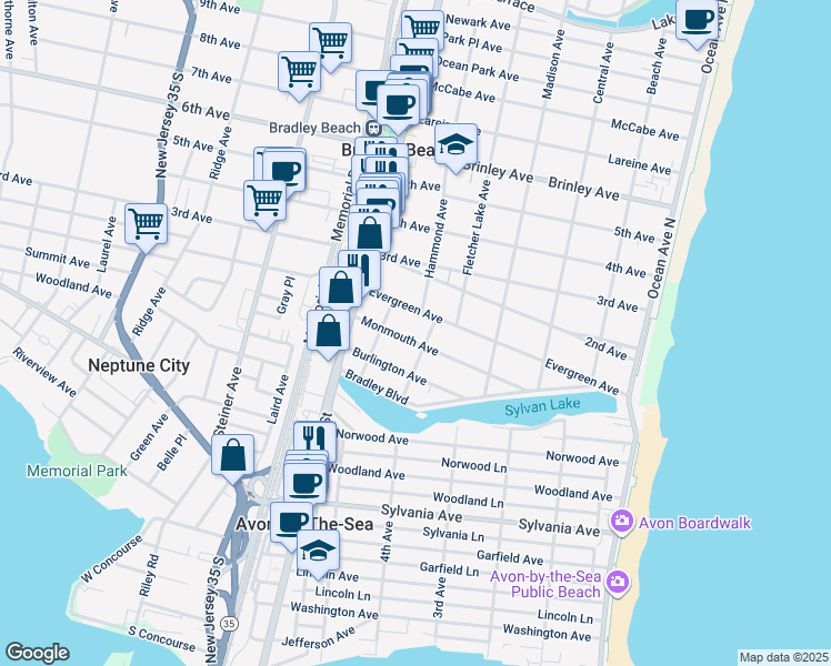 map of restaurants, bars, coffee shops, grocery stores, and more near 3 Atlantic Avenue in Bradley Beach