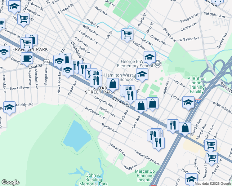 map of restaurants, bars, coffee shops, grocery stores, and more near 2104 South Broad Street in Trenton
