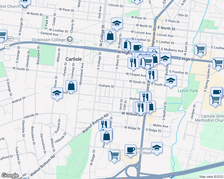 map of restaurants, bars, coffee shops, grocery stores, and more near 278 South West Street in Carlisle