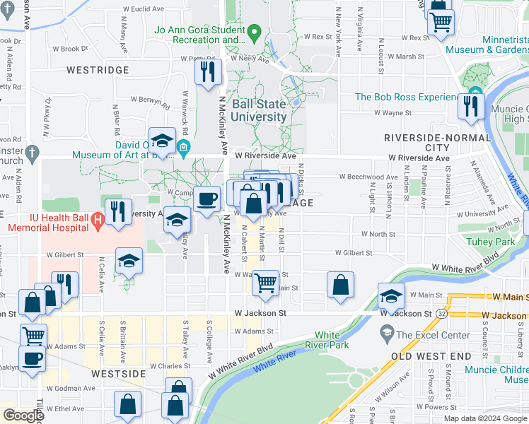 map of restaurants, bars, coffee shops, grocery stores, and more near 414 North Martin Street in Muncie