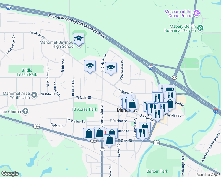 map of restaurants, bars, coffee shops, grocery stores, and more near 203 North Division Street in Mahomet