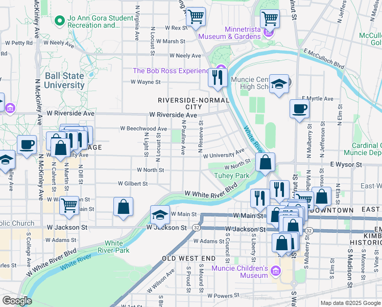 map of restaurants, bars, coffee shops, grocery stores, and more near 814 West North Street in Muncie