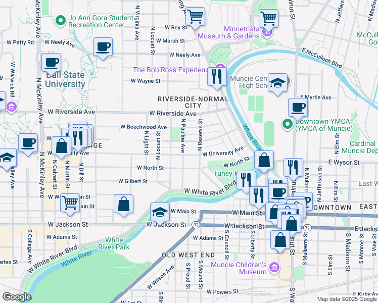 map of restaurants, bars, coffee shops, grocery stores, and more near 816 West University Avenue in Muncie