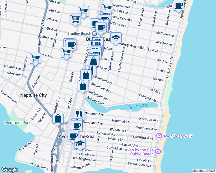 map of restaurants, bars, coffee shops, grocery stores, and more near 25 Atlantic Avenue in Bradley Beach