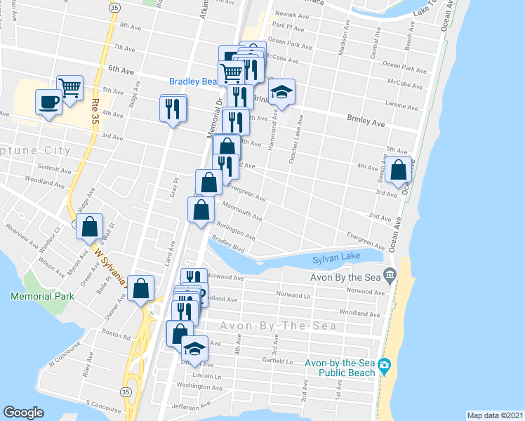 map of restaurants, bars, coffee shops, grocery stores, and more near 25 Atlantic Avenue in Bradley Beach