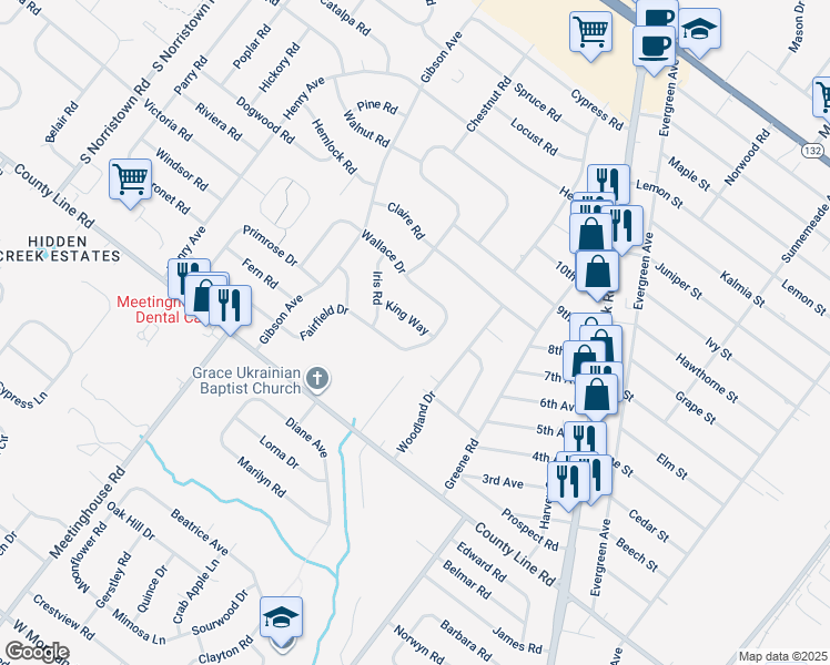map of restaurants, bars, coffee shops, grocery stores, and more near 718 Fairfield Drive in Warminster