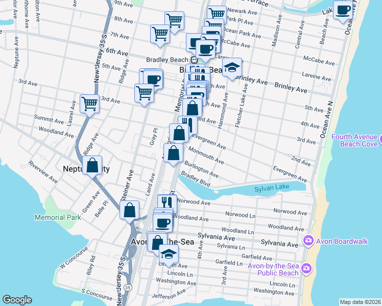 map of restaurants, bars, coffee shops, grocery stores, and more near 523 Burlington Avenue in Bradley Beach