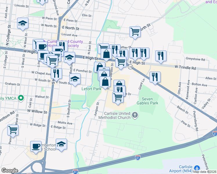 map of restaurants, bars, coffee shops, grocery stores, and more near South Spring Garden Street in Carlisle