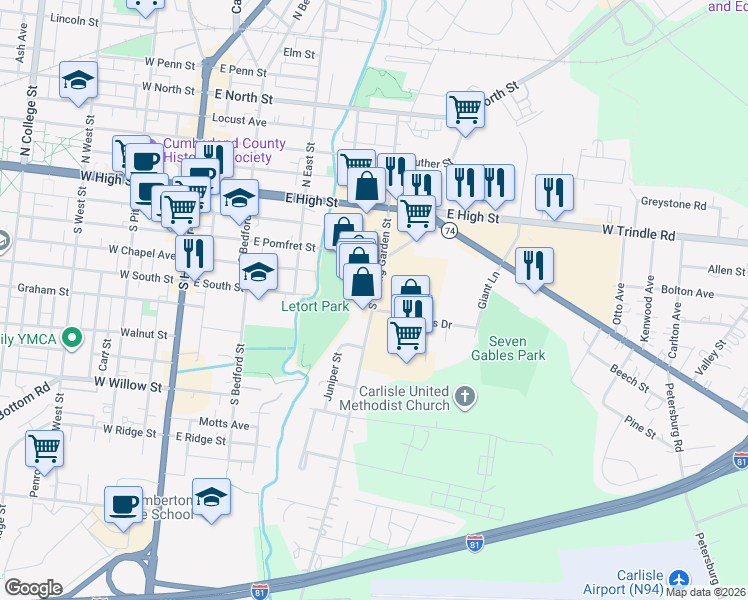 map of restaurants, bars, coffee shops, grocery stores, and more near S Spring Garden St in Carlisle