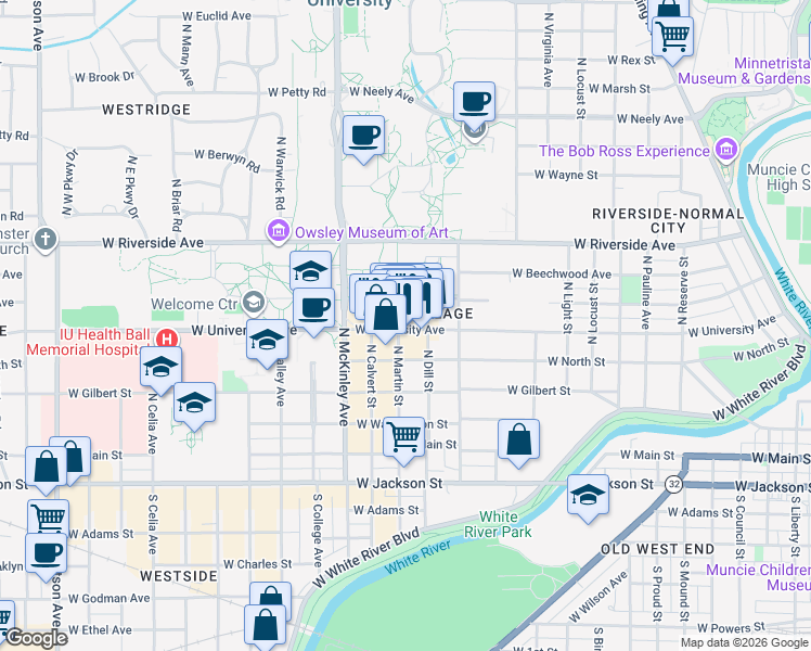 map of restaurants, bars, coffee shops, grocery stores, and more near 526 North Martin Street in Muncie
