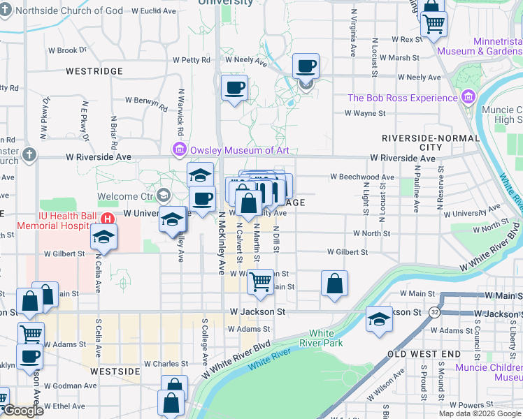 map of restaurants, bars, coffee shops, grocery stores, and more near 1624 West University Avenue in Muncie