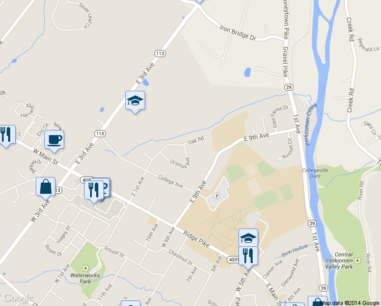 map of restaurants, bars, coffee shops, grocery stores, and more near 46 Ursinus Avenue in Collegeville