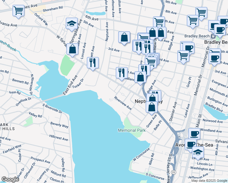 map of restaurants, bars, coffee shops, grocery stores, and more near Coastal Dr & Village Pl in Neptune City