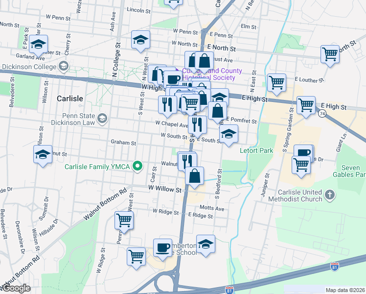 map of restaurants, bars, coffee shops, grocery stores, and more near 5 West South Street in Carlisle