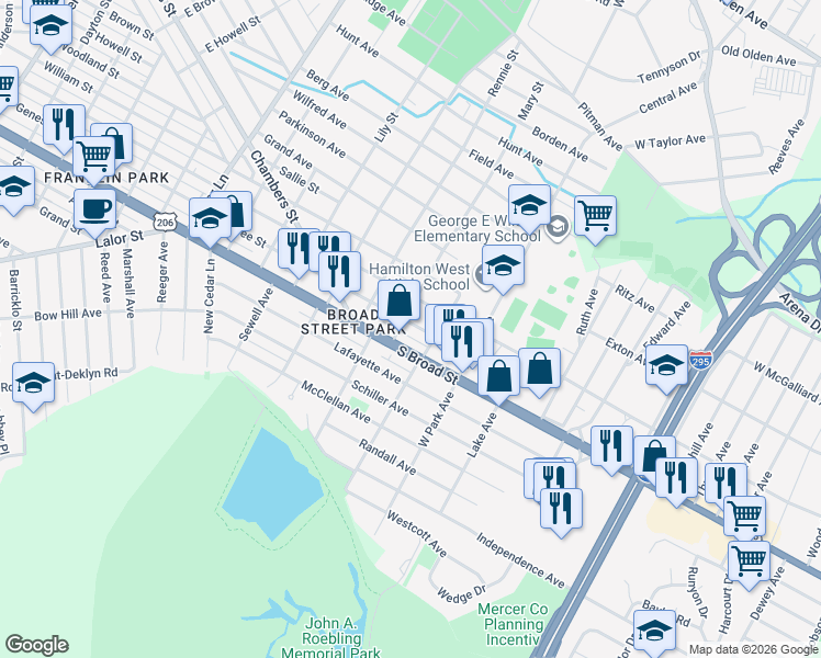 map of restaurants, bars, coffee shops, grocery stores, and more near 2618 South Clinton Avenue in Trenton