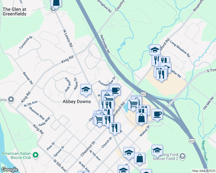 map of restaurants, bars, coffee shops, grocery stores, and more near 807 Foxmeadow Drive in Royersford