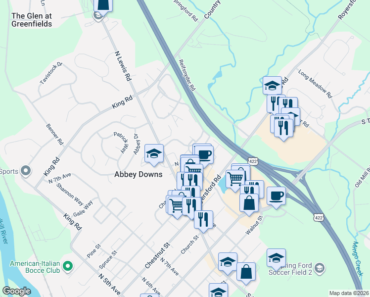 map of restaurants, bars, coffee shops, grocery stores, and more near 807 Foxmeadow Drive in Royersford