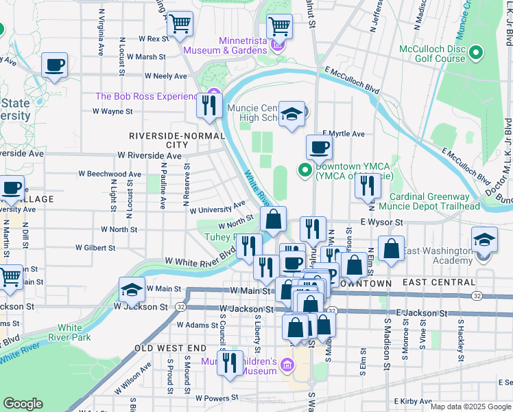 map of restaurants, bars, coffee shops, grocery stores, and more near 511 Wheeling Avenue in Muncie