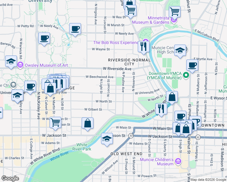 map of restaurants, bars, coffee shops, grocery stores, and more near in Muncie