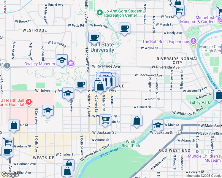 map of restaurants, bars, coffee shops, grocery stores, and more near 1523 West Ashland Avenue in Muncie