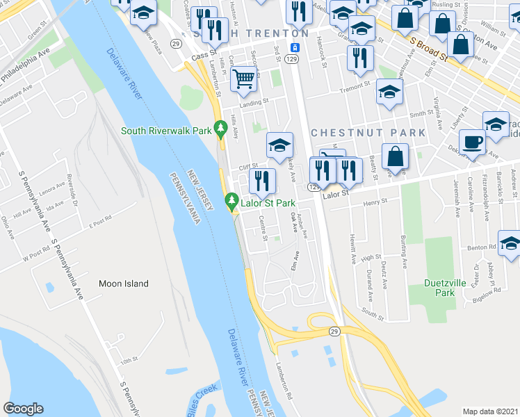 map of restaurants, bars, coffee shops, grocery stores, and more near Centre St & Lalor St in Trenton