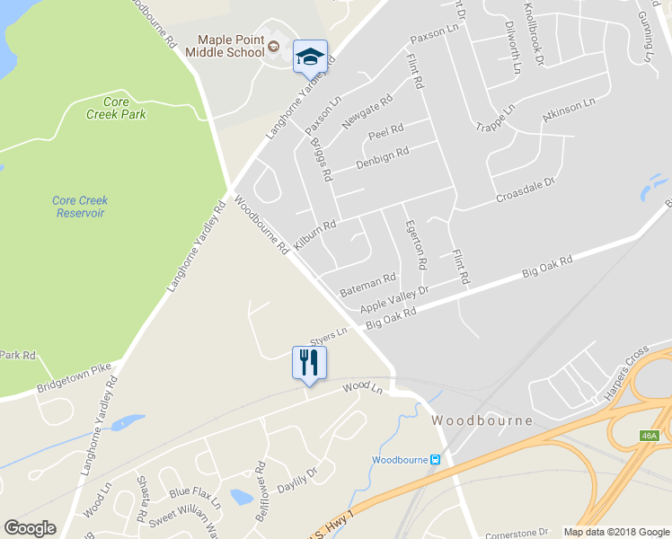 map of restaurants, bars, coffee shops, grocery stores, and more near 431 Gladstone Road in Langhorne