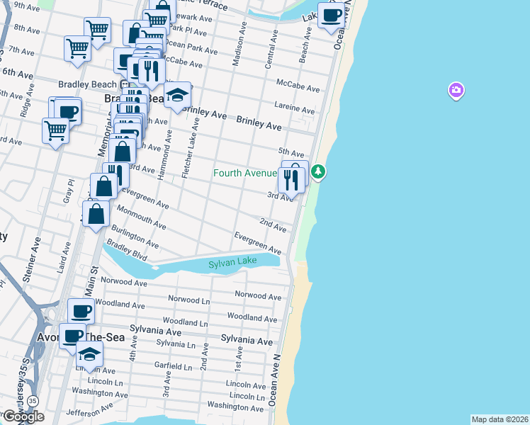 map of restaurants, bars, coffee shops, grocery stores, and more near 201 3rd Avenue in Bradley Beach