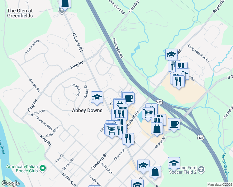 map of restaurants, bars, coffee shops, grocery stores, and more near 807 Foxmeadow Drive in Royersford
