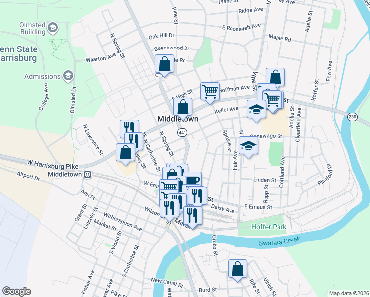 map of restaurants, bars, coffee shops, grocery stores, and more near 239 North Union Street in Middletown