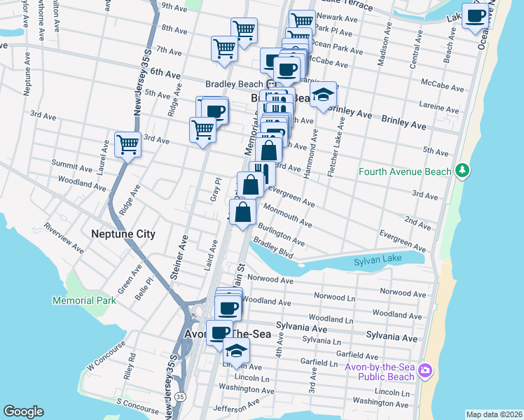 map of restaurants, bars, coffee shops, grocery stores, and more near 27 1/2 Pacific Avenue in Bradley Beach