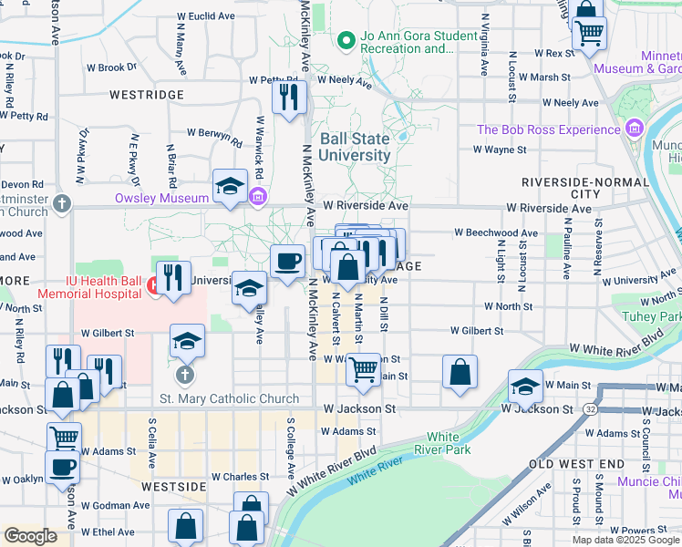 map of restaurants, bars, coffee shops, grocery stores, and more near 523 North Calvert Street in Muncie