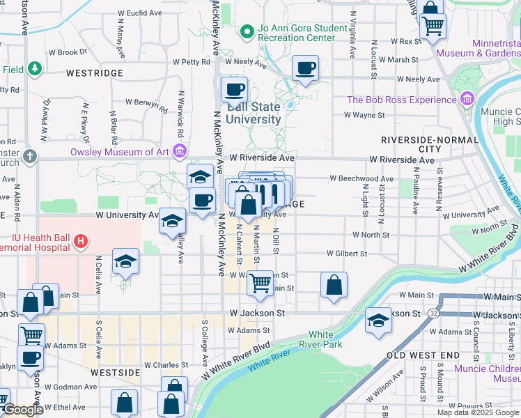 map of restaurants, bars, coffee shops, grocery stores, and more near 526 North Martin Street in Muncie