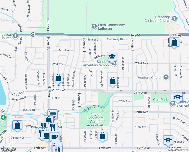 map of restaurants, bars, coffee shops, grocery stores, and more near 2157 Hackberry Circle in Longmont