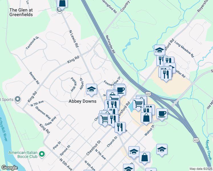 map of restaurants, bars, coffee shops, grocery stores, and more near 807 Foxmeadow Drive in Royersford