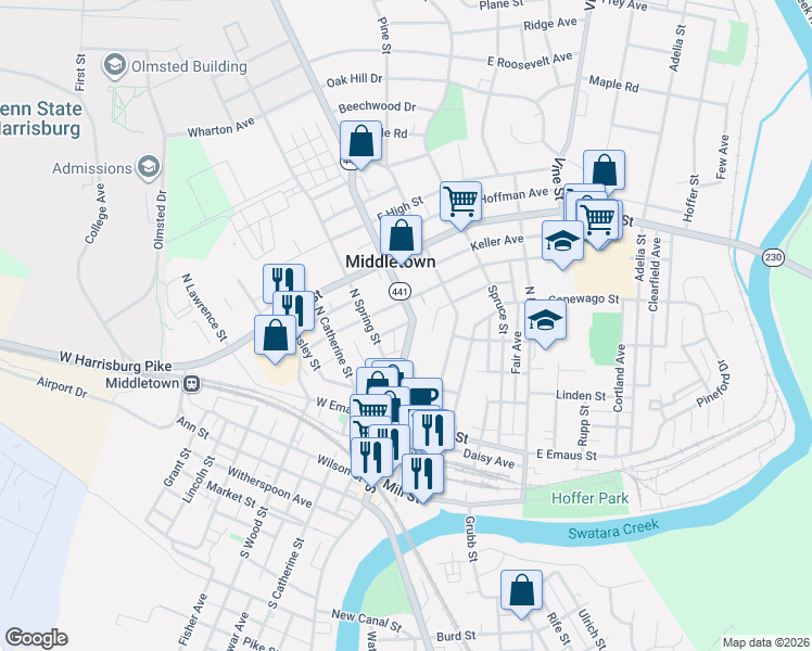 map of restaurants, bars, coffee shops, grocery stores, and more near 13 West Water Street in Middletown