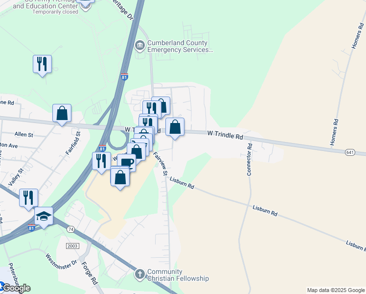map of restaurants, bars, coffee shops, grocery stores, and more near 1412-1420 W Trindle Rd in Carlisle