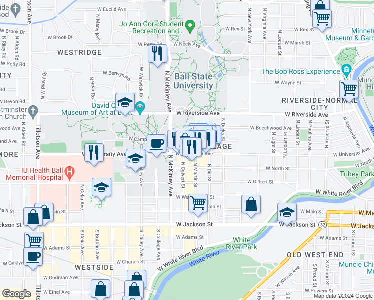 map of restaurants, bars, coffee shops, grocery stores, and more near 523 North Calvert Street in Muncie