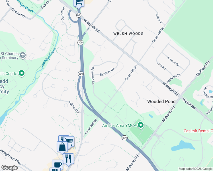 map of restaurants, bars, coffee shops, grocery stores, and more near 1530 Bardsey Drive in Ambler