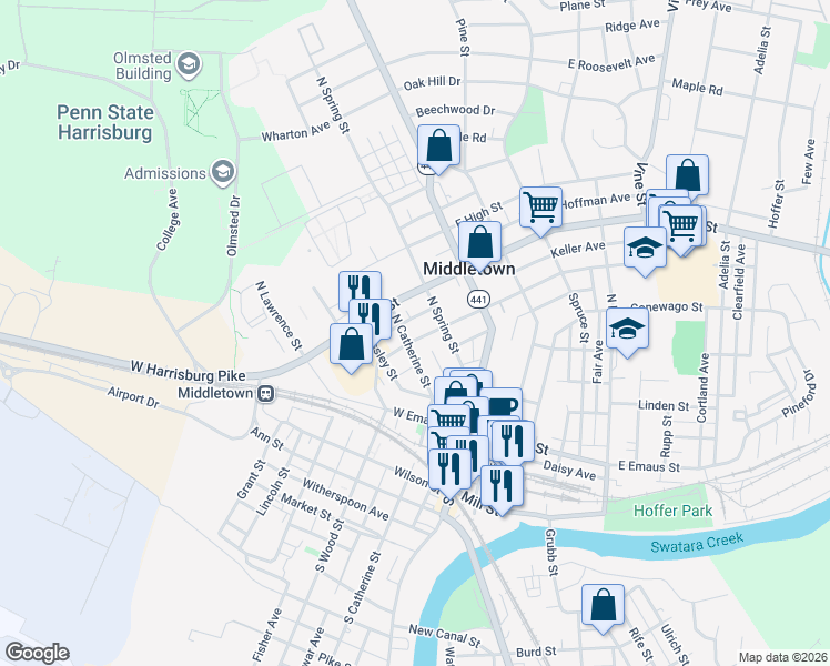 map of restaurants, bars, coffee shops, grocery stores, and more near 323 North Spring Street in Middletown