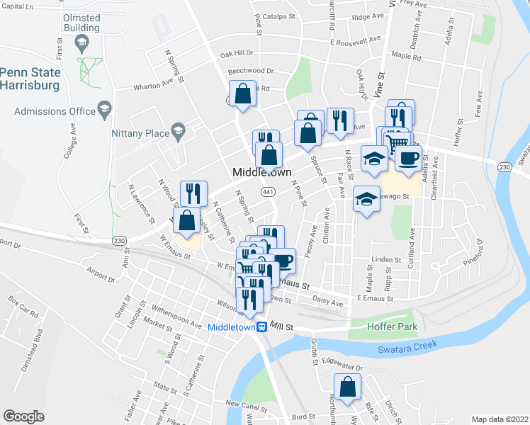 map of restaurants, bars, coffee shops, grocery stores, and more near 25 Girard Avenue in Middletown